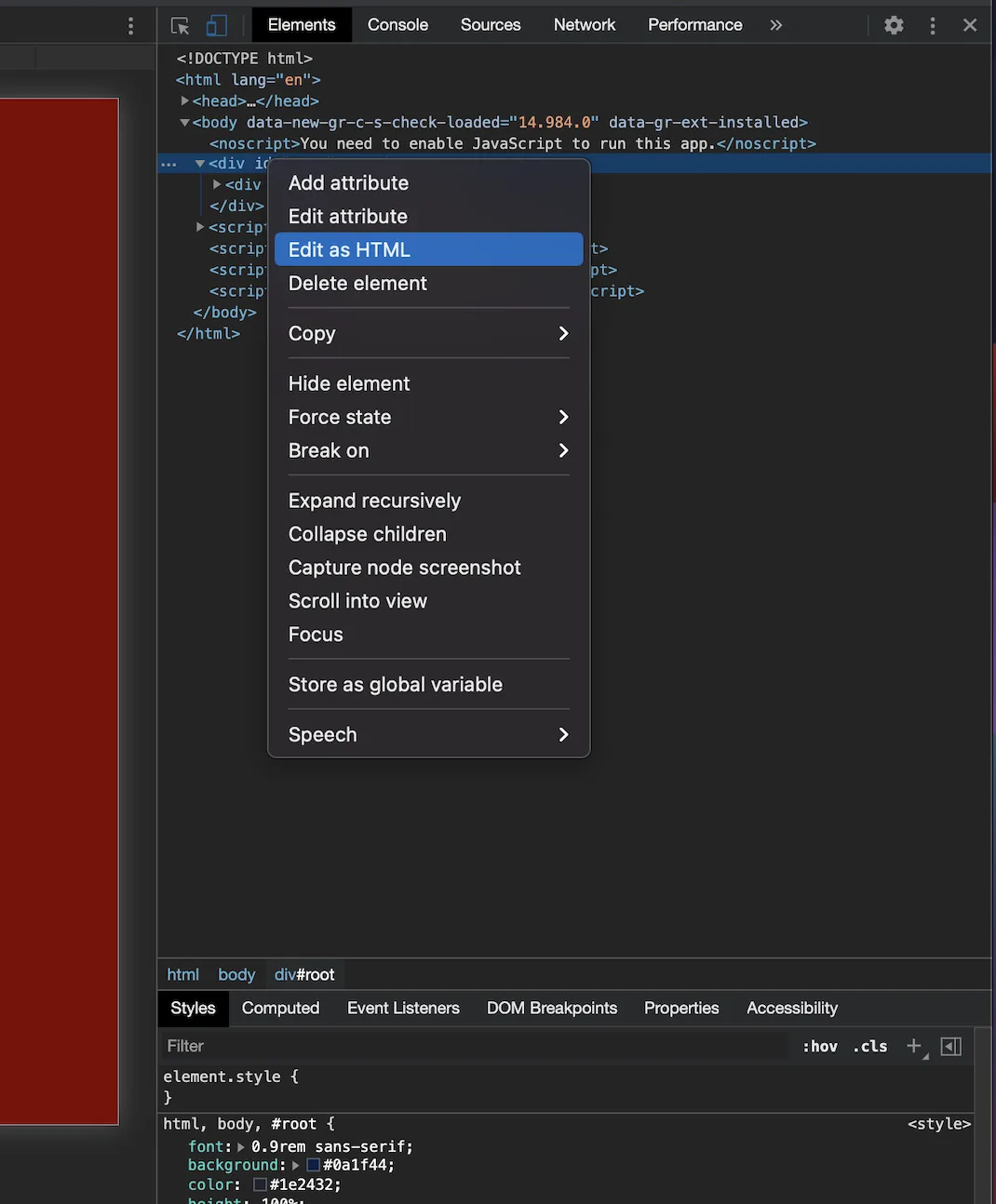 Edit as HTML in the element's context menu